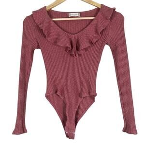 Altar'd State Bodysuit Womens XS Mauve Pink Ribbed Ruffle Long Sleeve Coquette
